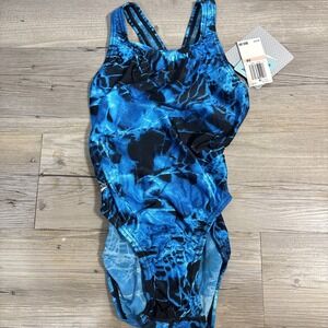 Speedo Women's 28 XS Blue Black Water Wave Print Competitive Swim Team Travel